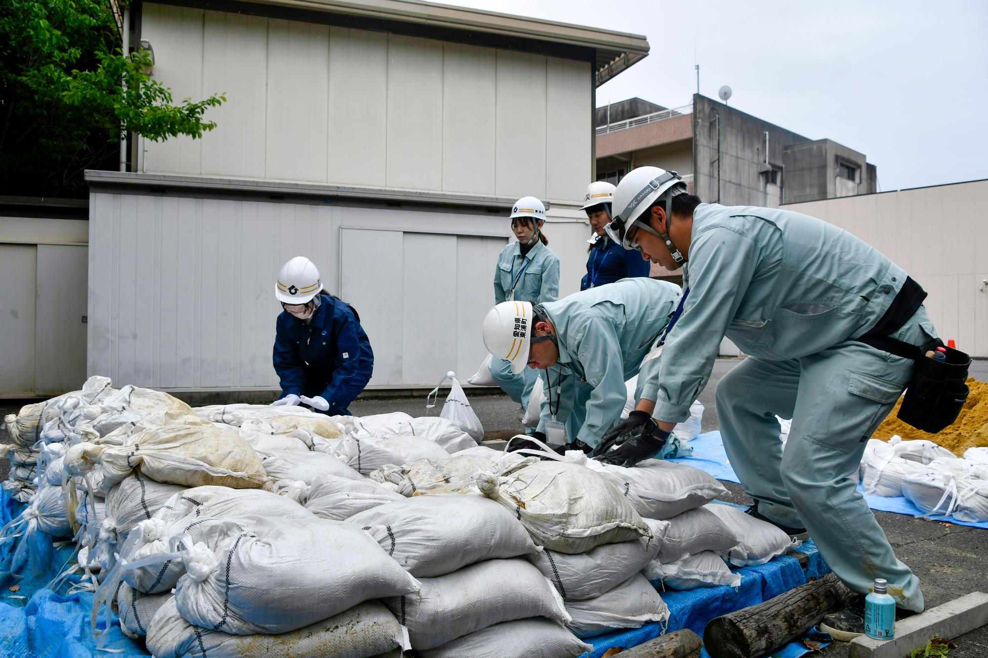 水防訓練で職員が土のうを並べる様子