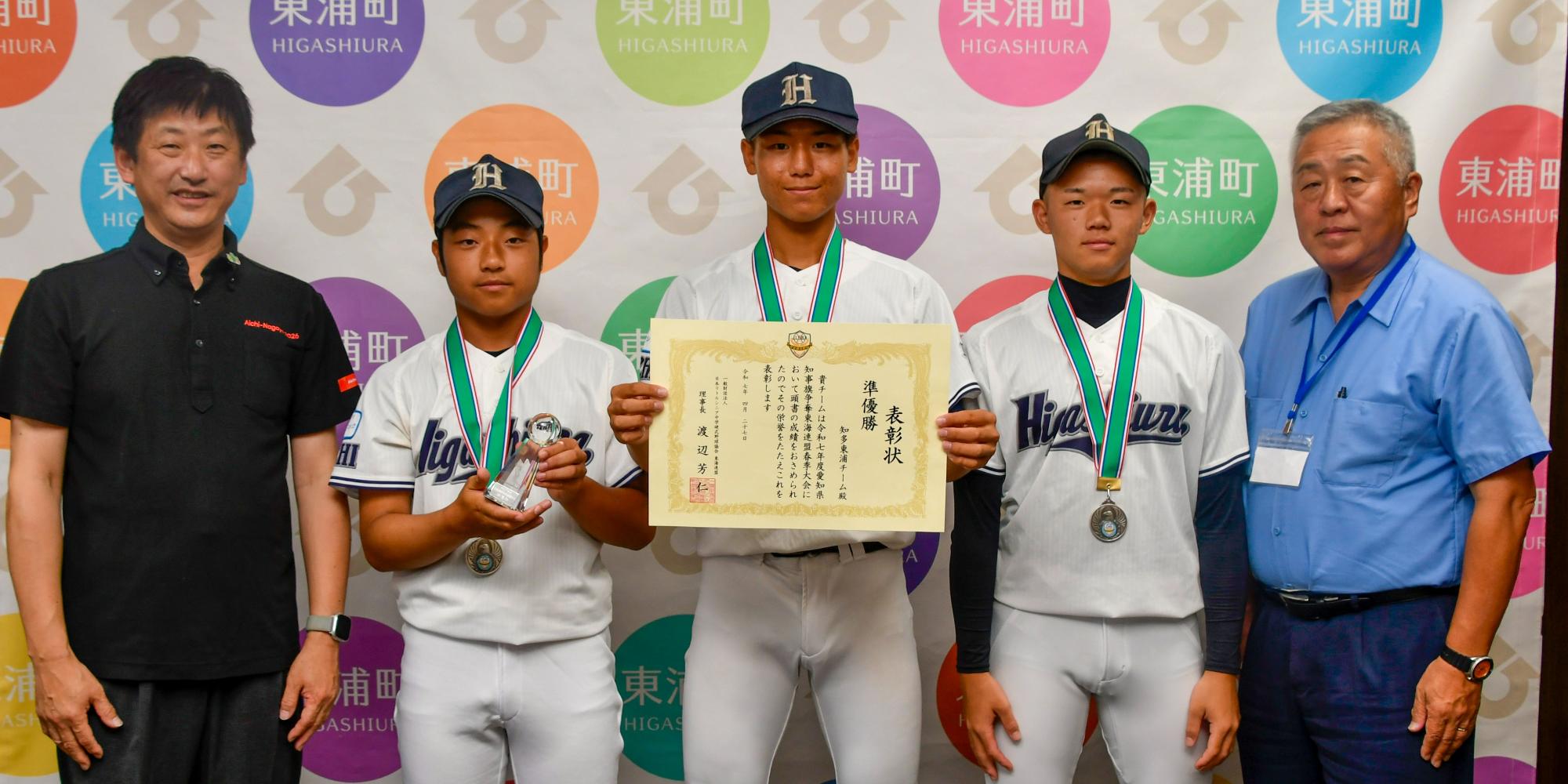 賞状とトロフィーを手に記念撮影をする選手たち