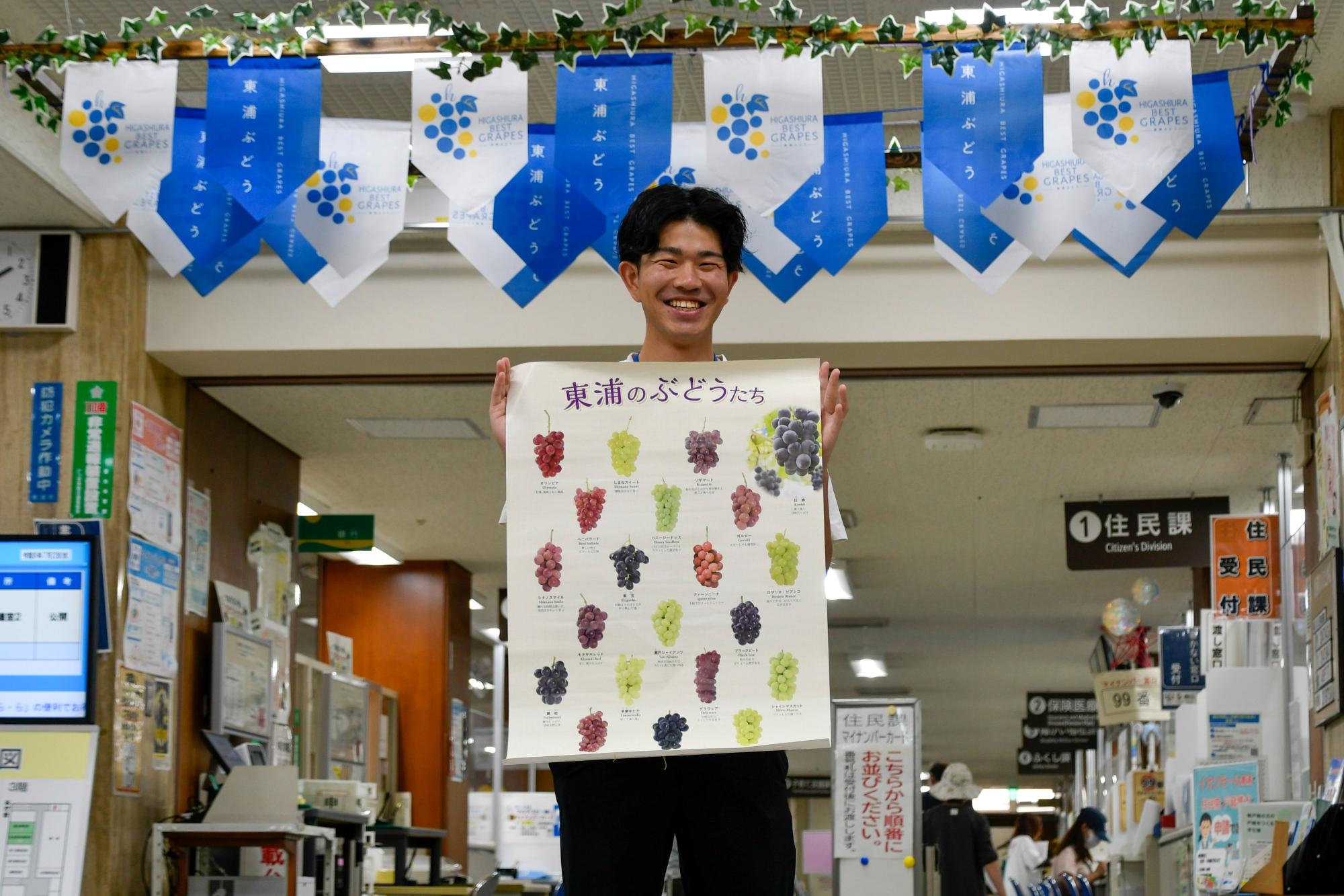 東浦ぶどうのポスターを手にする担当者