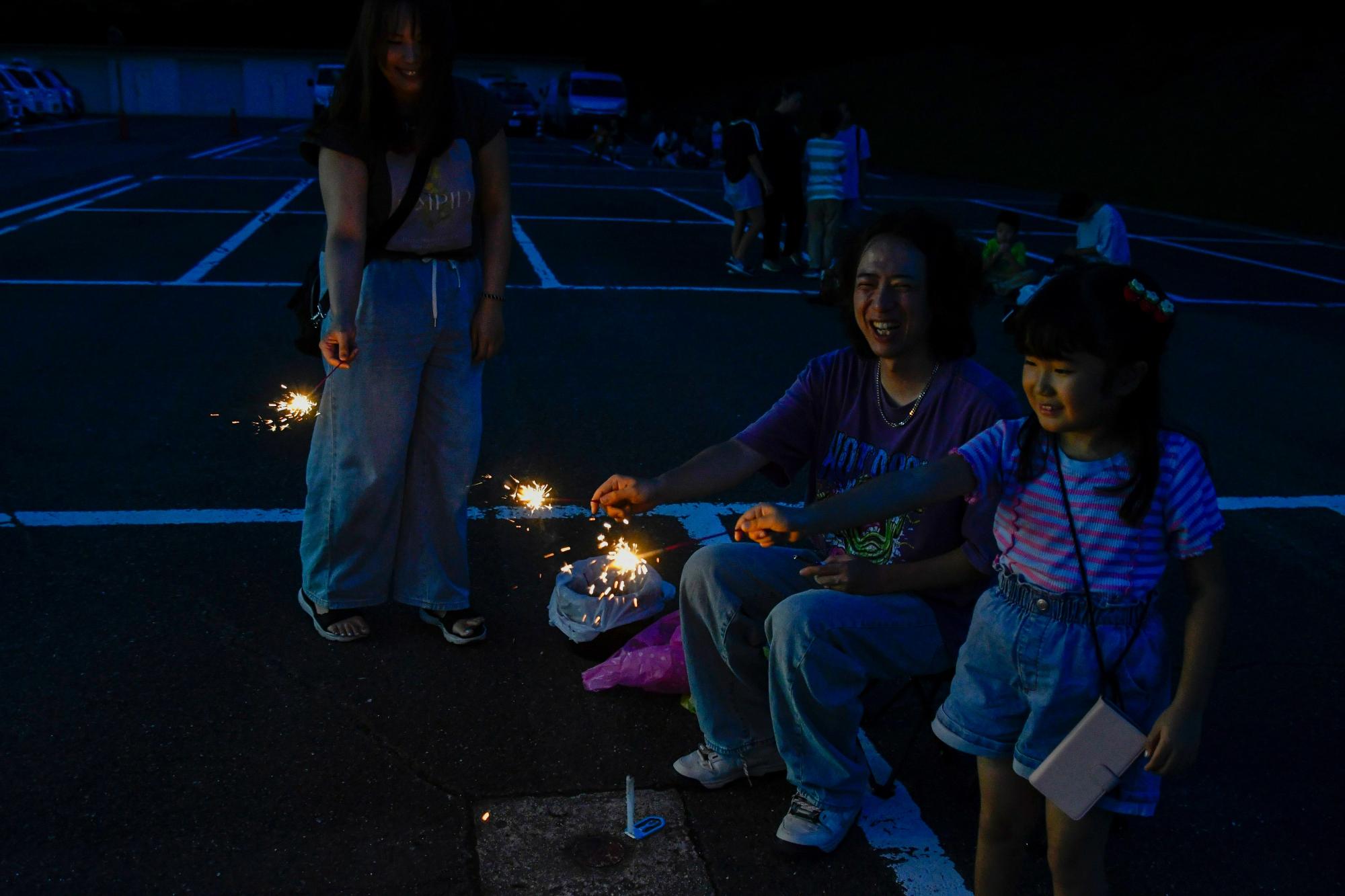 手持ち花火を楽しむ親子