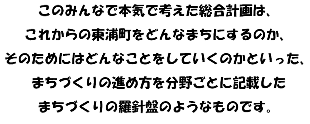 このみんなで本気で考えた総合計画は、これからの東浦町をどんなまちにするのか、そのためにはどんなことをしていくのかといった、まちづくりの進め方を分野ごとに記載したまちづくりの羅針盤のようなものです