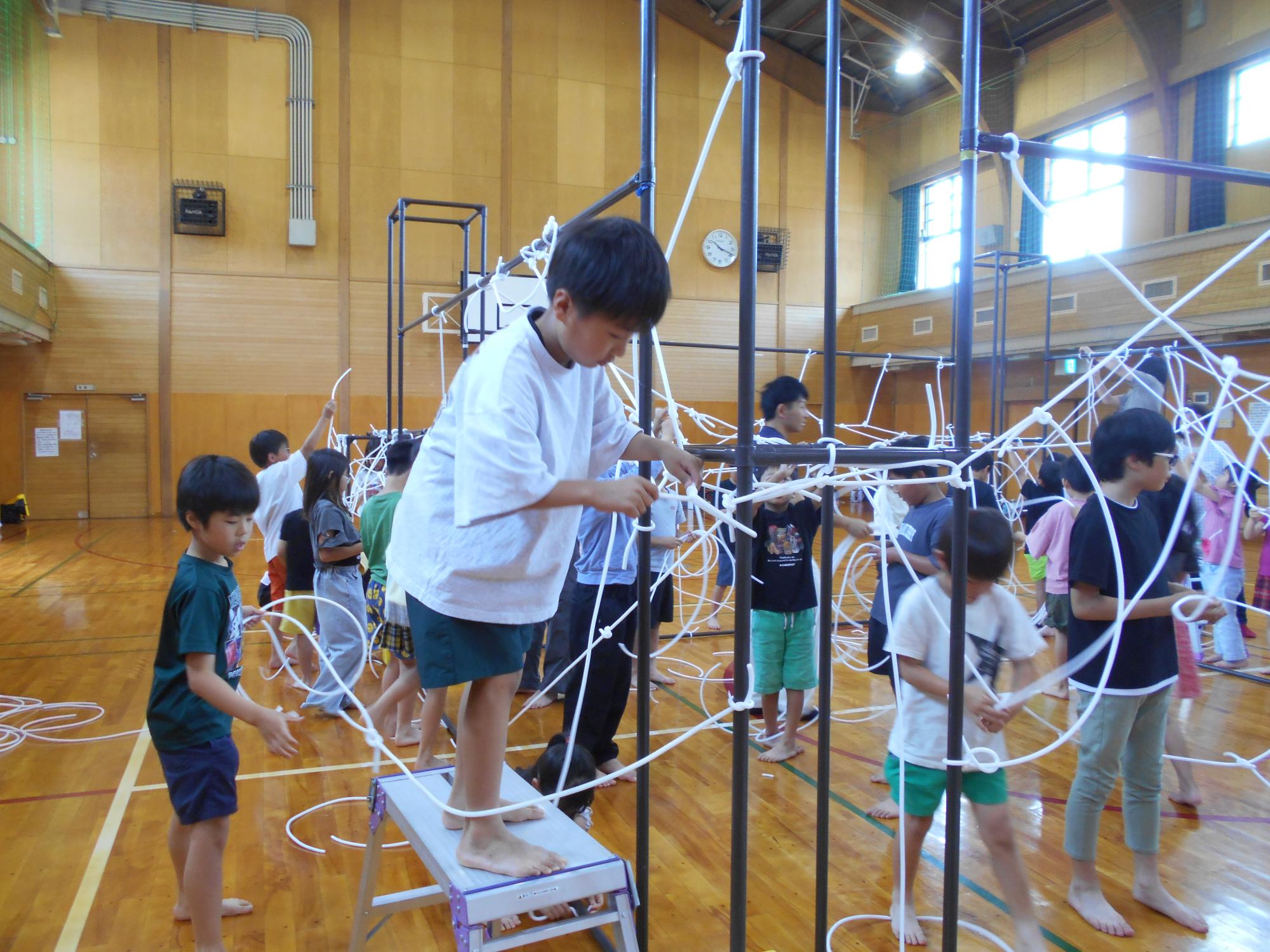 脚立を使って高い所に紐をつけている。