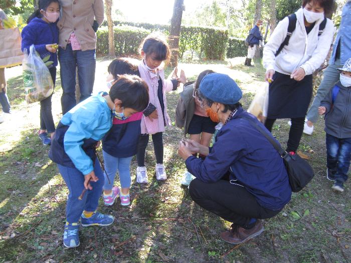 自然観察会で講師が子供たちに植物の説明をしている様子