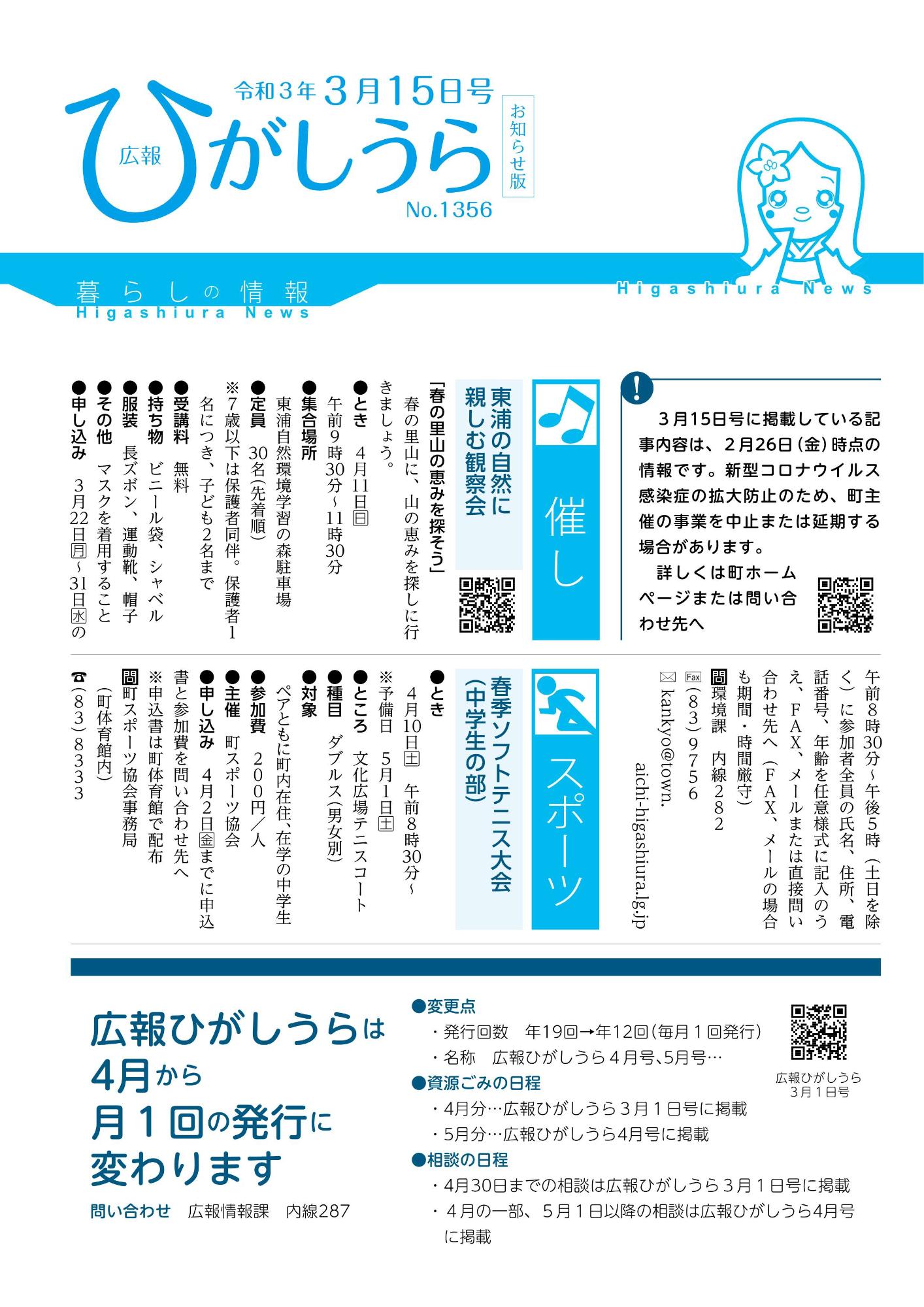 紙面イメージ（広報ひがしうら令和3年3月15日号）