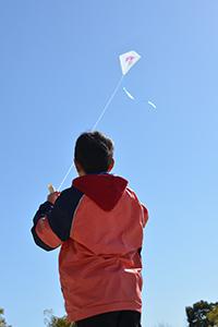 天高くあがる凧を見上げる男子児童