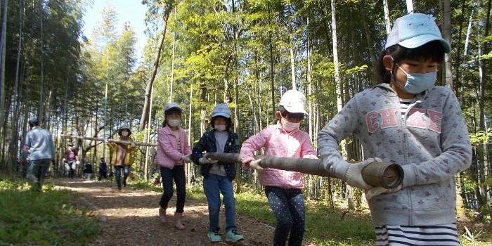 里山で竹を運ぶ子どもたち
