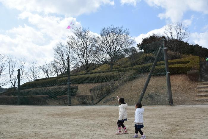 女の子2人が凧を上あげている様子