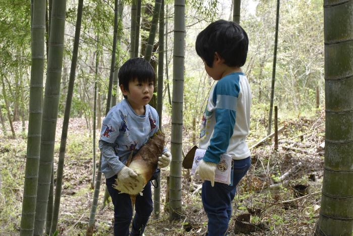 掘り起こした大きな竹の子を抱える参加者
