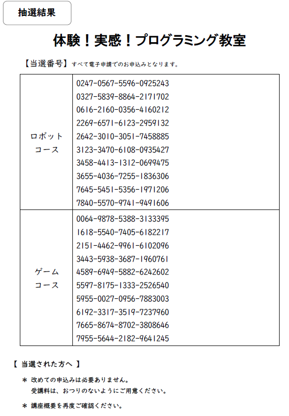 抽選結果発表
