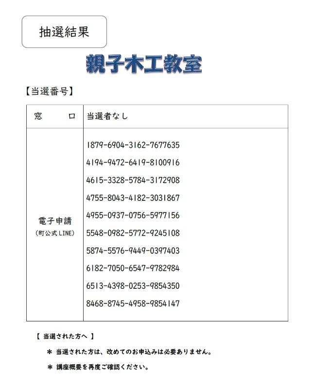 親子木工教室抽選結果